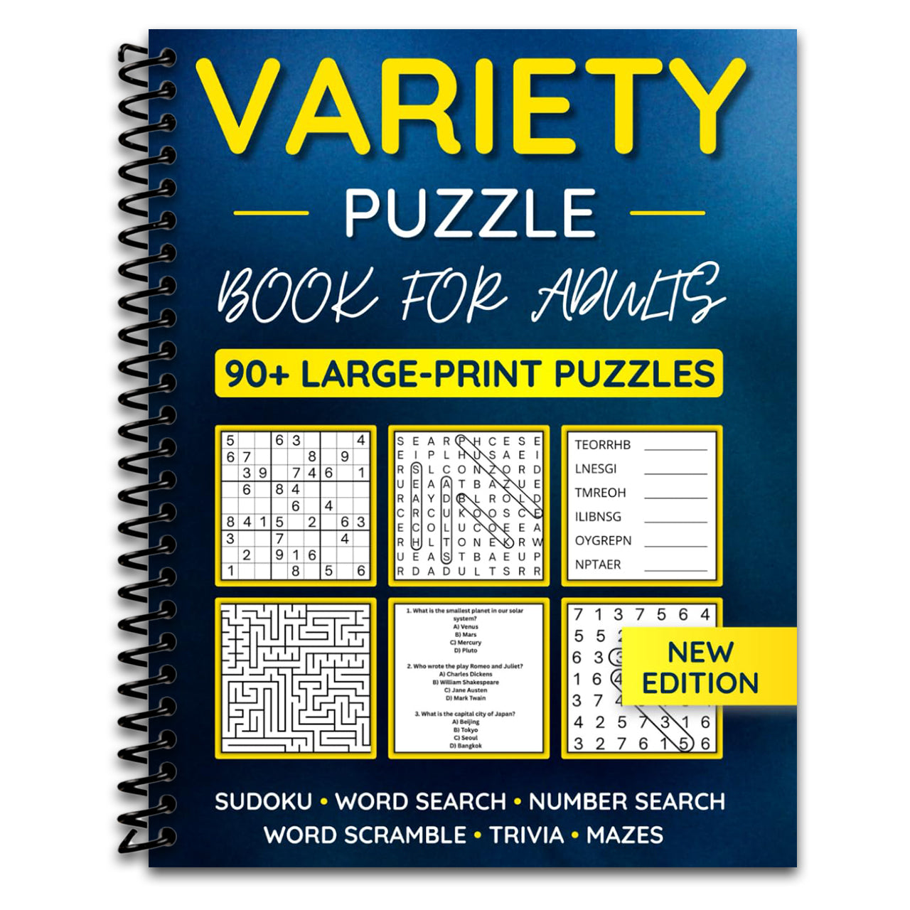 Variety Puzzle Book For Adults: 90+ Large-Print Puzzles Word Search, Sudoku, Word Scramble, Number Search, Trivia, Mazes (Spiral bound)