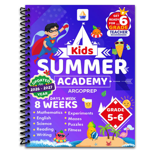 Kids Summer Academy by ArgoPrep - Grades 5-6: 8 Weeks of Math, Reading, Science, Logic, Fitness and Yoga | Online Access Included | Prevent Summer Learning Loss   (Spiral bound)