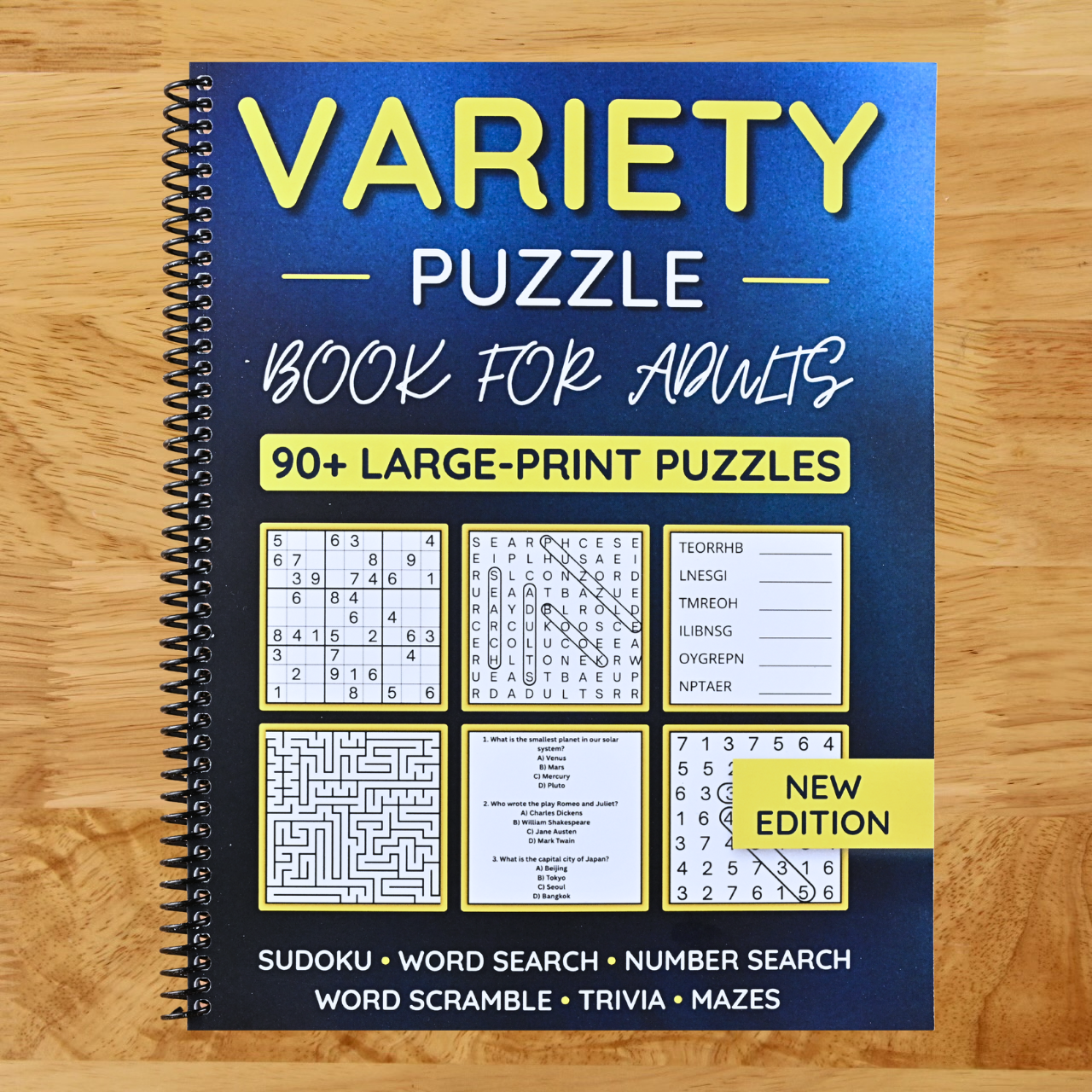 Variety Puzzle Book For Adults: 90+ Large-Print Puzzles Word Search, Sudoku, Word Scramble, Number Search, Trivia, Mazes (Spiral bound) Happy Coil spiral bound book