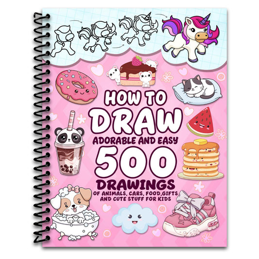 How To Draw Adorable And Easy: 500 Drawings Of Animals, Cars, Food, Gifts And Cute Stuff For Kids (Cute Gift For Kids) (Spiral bound) Happy Coil spiral bound book