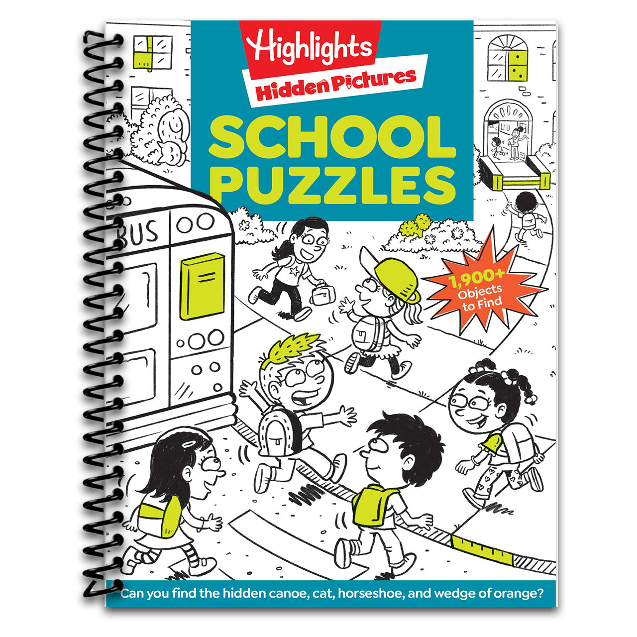 School Puzzles: Activity Book for Kids 6 and Up with Over 100 Puzzles Featuring Classrooms, Field Trips and More, Search and Find Over 1,900 Hidden Objects (Highlights Hidden Pictures) (Spiral bound) Happy Coil spiral bound book