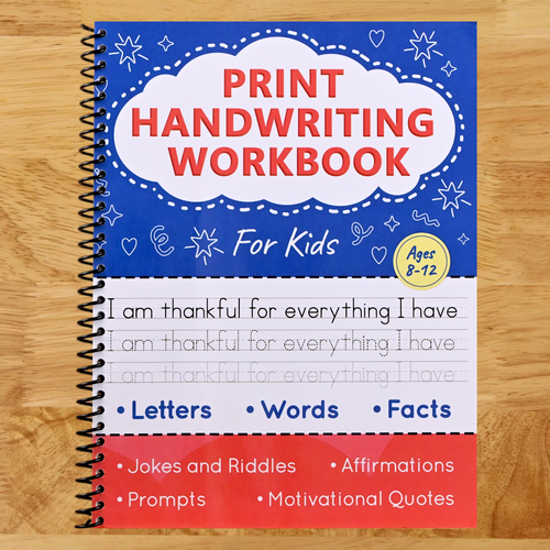 Print Handwriting Workbook for Kids: Improve Your Penmanship and Writing Skills with Letters, Words, Motivational Quotes, Funny Jokes, Science Facts for Children Ages 8-12 (Spiral bound) Happy Coil spiral bound book