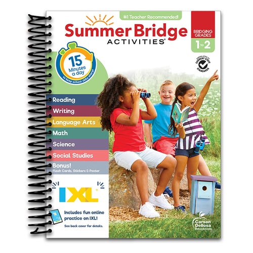 Summer Bridge Activities 1st to 2nd Grade Workbook, Activity Book With Math, Language Arts, Reading Comprehension, Science, Social Studies, Writing, Fitness, Flash Cards, Stickers and More (Spiral bound) Happy Coil spiral bound book